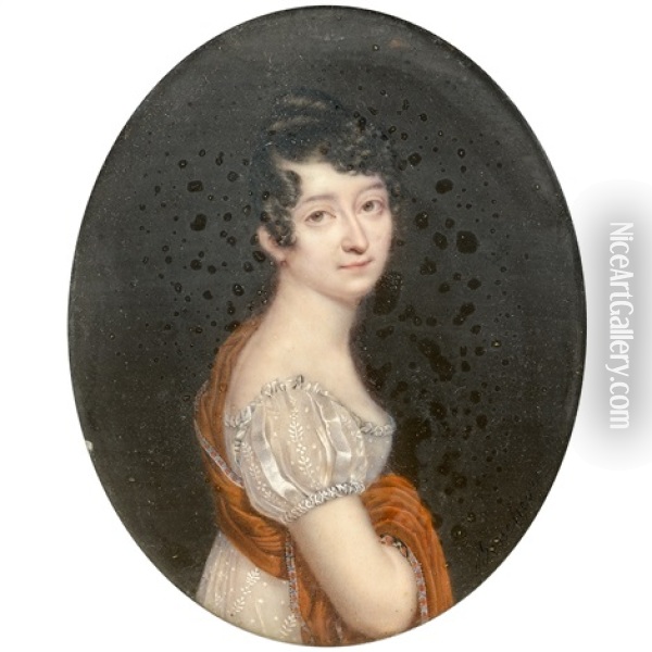 Portrait De Jeune Femme Au Chale Rouge Borde De Cachemire Oil Painting - Claude-Jean Besselievre