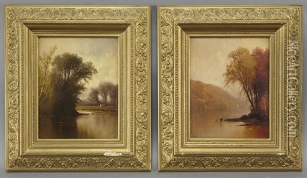 River Landscape (+ Another; Pair) Oil Painting - Herman Gustav Simon