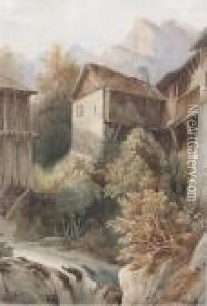 Dorfliches Anwesen An Einem Bach Mit Bergen Im Hintergrund. Oil Painting - Alexandre Calame