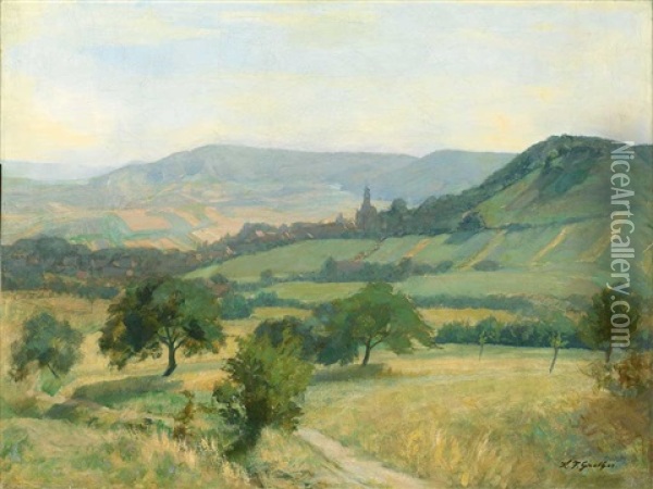 Hugelige Landschaft Mit Kirchdorf An Einem Sommertag Oil Painting - Ferdinand Karl Grether