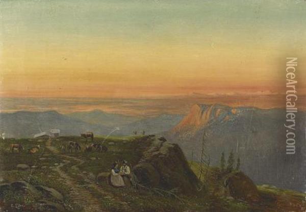 Abendliche Landschaft Mit Hirtenpaar In Den Alpen Oil Painting - Emil Lohr
