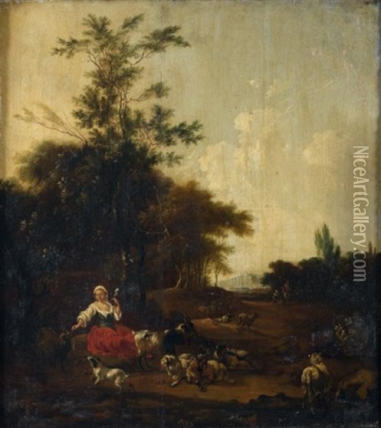 Repos D'une Bergere Et De Son Troupeau Oil Painting - Adam de Colonia