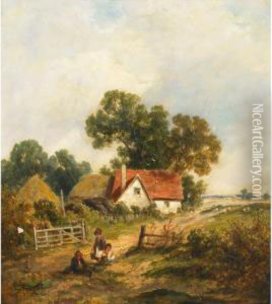 Children Outside A Farmhouse Oil Painting - James Edwin Meadows
