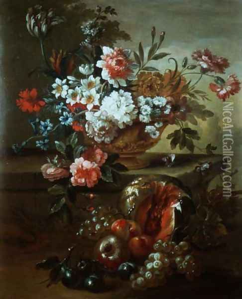 Still life of flowers in an urn with fruit Oil Painting - Pauwel Casteels