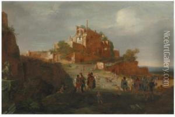 An Italianate Landscape With Soldiers And Ruins On A Hilltopbeyond Oil Painting - Bartholomeus Breenbergh