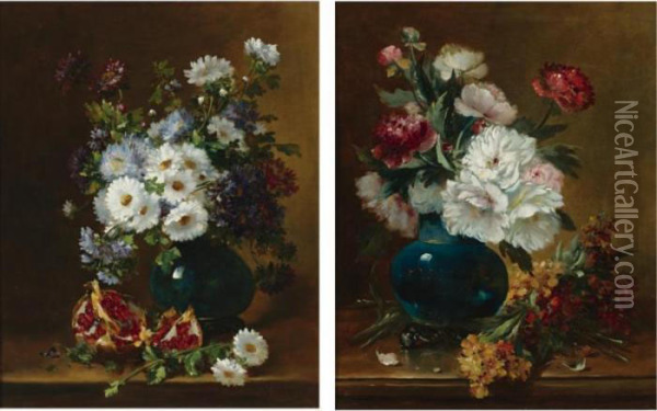 Floral Still Lifes (a Pair) Oil Painting - Eugene Henri Cauchois