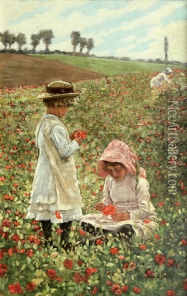 Two Young Girls Playing In The Poppy Fields Oil Painting - Aloysius C. O'Kelly