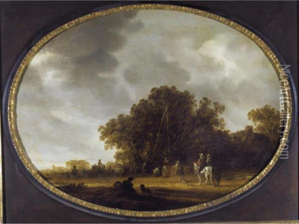 A Landscape With Horsemen And Travellers Before A Cottage, A Church Beyond Oil Painting - Salomon van Ruysdael