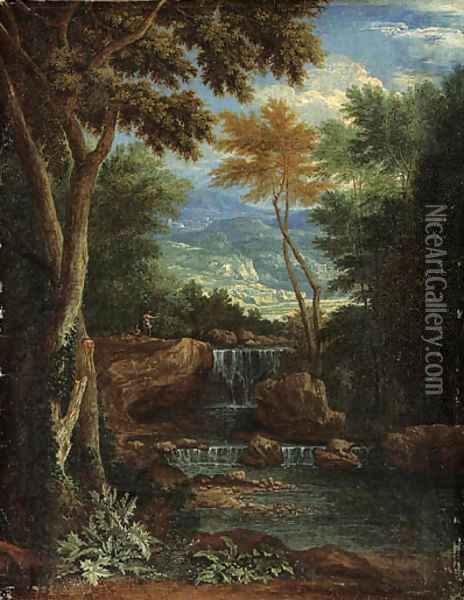 An Italianate wooded Landscape with Figures by a Waterfall Oil Painting - Adriaen Frans Boudewijns