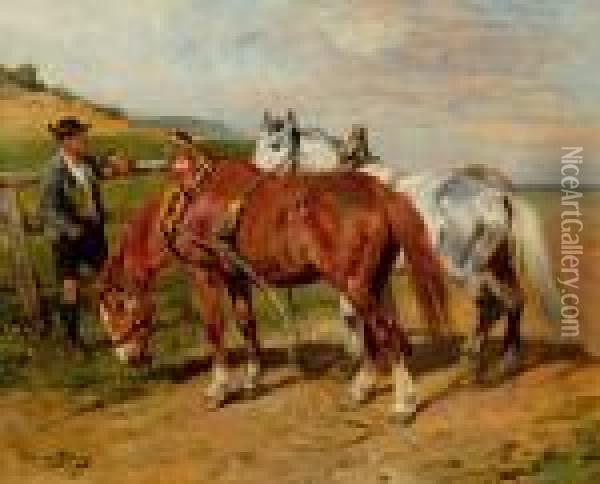 Pferde Bei Der Rast Oil Painting - Julius von Blaas