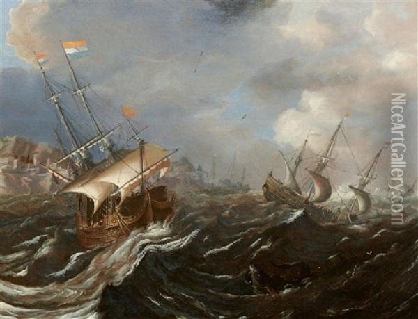 Sailing Ships In Rough Seas Oil Painting - Andries Van Eertvelt