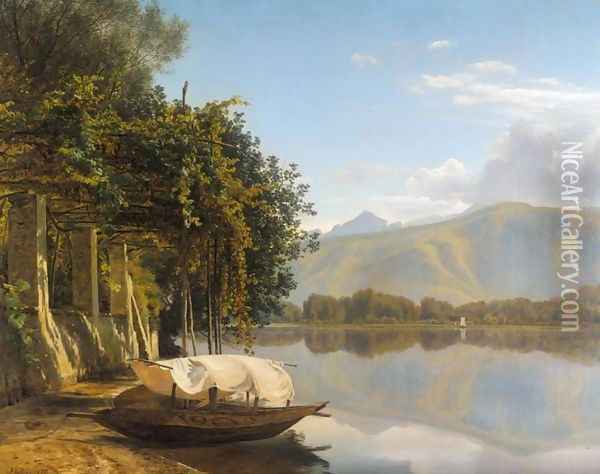 Lake Lugano at Pont Tresa (Lugano søen ved Pont Tresa) Oil Painting - Janus Andreas Bartholin La Cour