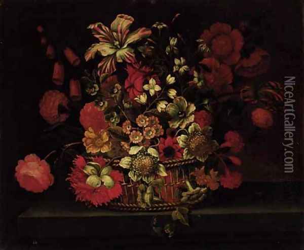 A basket of flowers on a ledge Oil Painting - Jean-Baptiste Monnoyer