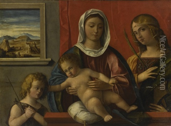 The Madonna And Child With The Infant Saint John The Baptist And Saint Catherine Of Alexandria Behind A Ledge, A Window Onto A Landscape In The Background Oil Painting - Giovanni Bellini