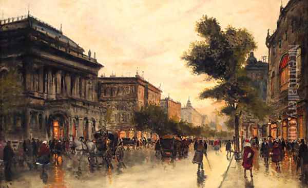A Busy Street In Budapest Oil Painting - Antal Berkes