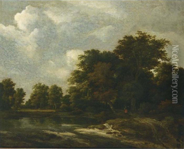 A Wooded Landscape With A Pond And Figures On A Path Near Trees Oil Painting - Jacob Van Ruisdael