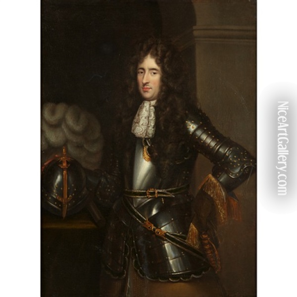 Portrait Of A Gentleman In Armor, Three-quarter Length Oil Painting - John Michael Wright