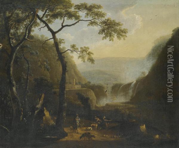 A Landscape With Hunters Near A Waterfall Oil Painting - Barend Appelman