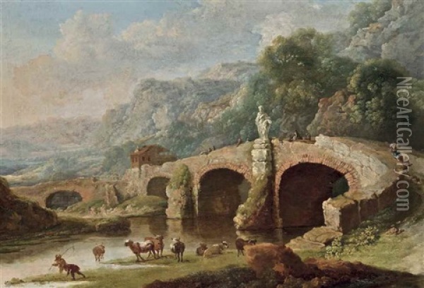 A Wooded River Landscape With Fishermen And Drovers With Their Cattle, A Bridge And Mountains Beyond Oil Painting - Michael Wutky