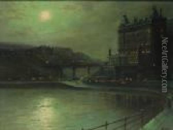 The Grand Hotel And Spa Bridge Scarborough By Moonlight Oil Painting - Walter Meegan