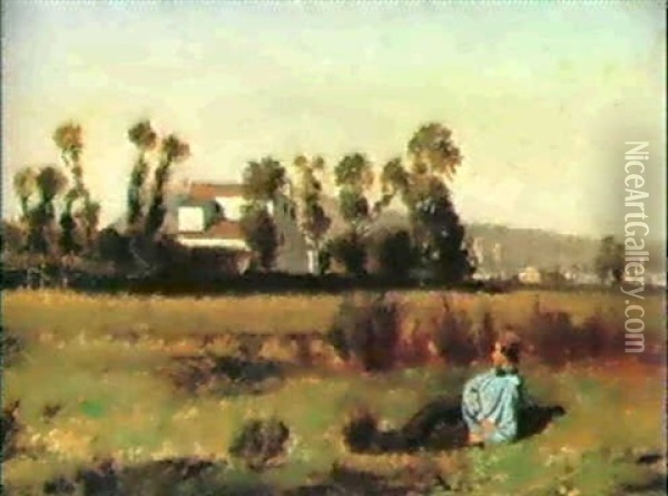 A Young Man Reclining In A Field By A Village Oil Painting - Paul Camille Guigou