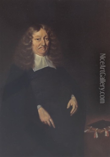 A Portrait Of Andries De Graeff, Burgomaster Of Amsterdam, Wearing A Black Suit And White Collar, Beside A Desk With A Book Oil Painting - Gerard ter Borch the Younger