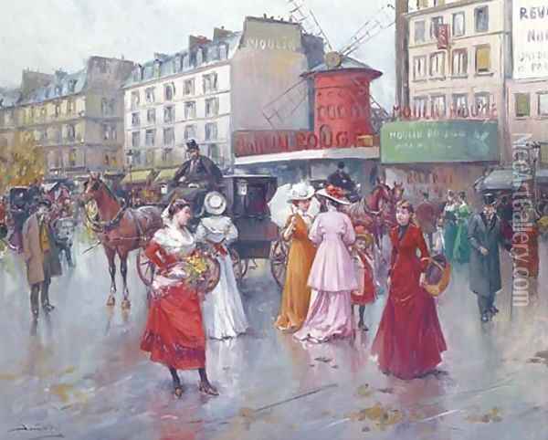 Figures before the Moulin Rouge Oil Painting - Joan Roig Soler