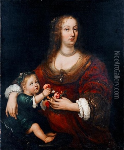 Portrait Of A Lady With Her Child Oil Painting - Juergen Ovens
