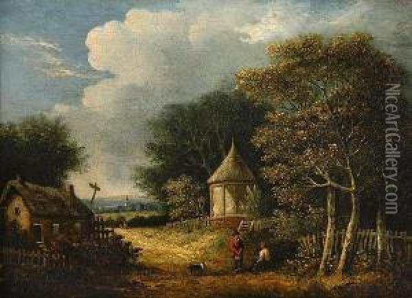 Wooded Landscape With Figures And A Dog Before A Cottage Oil Painting - Samuel David Colkett
