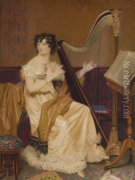 Portrait Of A Lady At Her Harp Oil Painting - Samuel John Stump