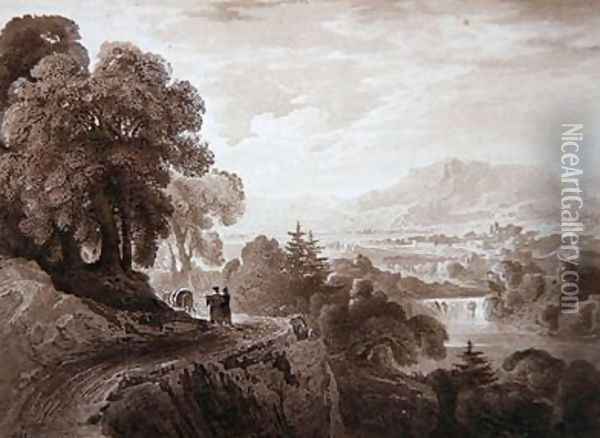 Travellers on a road above a river 1821 Oil Painting - John Martin