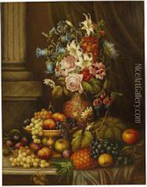 Still Life Of Flowers And Fruit Next A Marble Column Oil Painting - Edwin Steele