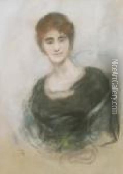 Brustbild Einer Braunhaarigen 
Dame In Schwarzem, Dekolletiertem Kleid Und Weisem Durchsichtigem Schal Oil Painting - Lesser Ury
