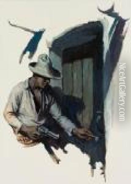 Cowboy Unlocking Door Oil Painting - William Henry Dethlef Koerner