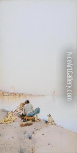 Children Resting Beside The Lagoon, Venice Oil Painting - Raffaele Mainella