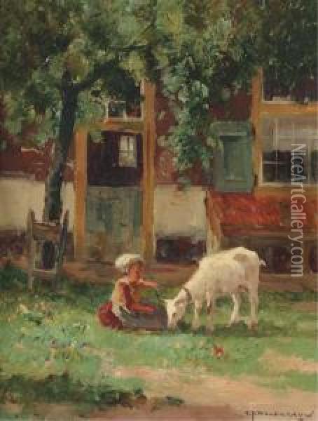 Feeding The Goat Oil Painting - Gerardus Johannes Delfgaauw