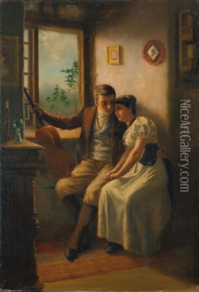 Biedermeierliches Junges Paar Am Fenster Oil Painting - Reinhold De Witt
