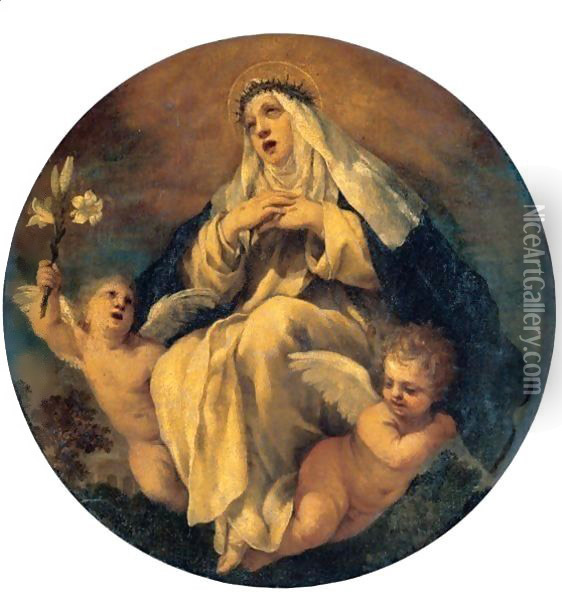 Saint Catherine Of Siena With Two Putti Oil Painting - Pietro Da Cortona (Barrettini)