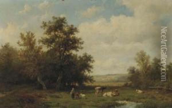 Figures And Cattle In A Sunlit Meadow Oil Painting - Anthonie Jacobus Van Wyngaerts
