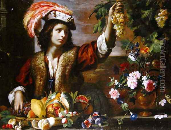 Young Man in a Feathered Hat with Still Life Oil Painting - Michelangelo Cerquozzi