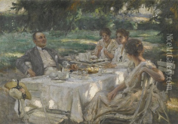 Tea In The Garden Oil Painting - Nikolai Vasilievich Kharitonov