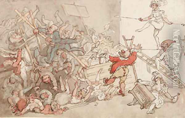 Dr. Syntax involved in the collapse of the theatrical booth Oil Painting - Thomas Rowlandson