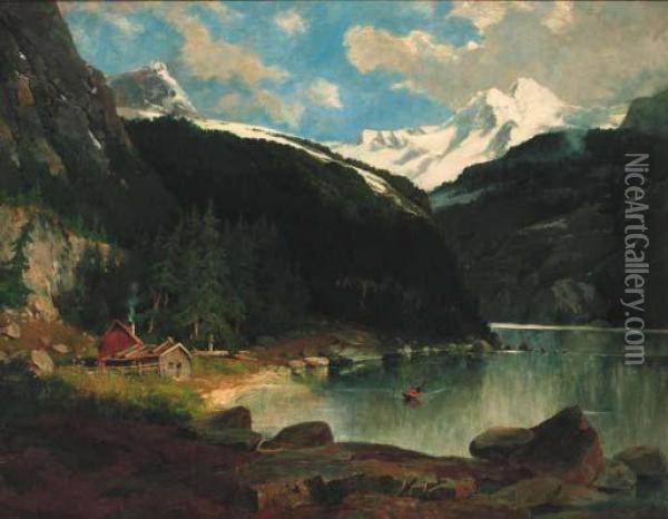 Figures Boating On A Fjord Oil Painting - Otto Ludvig Sinding