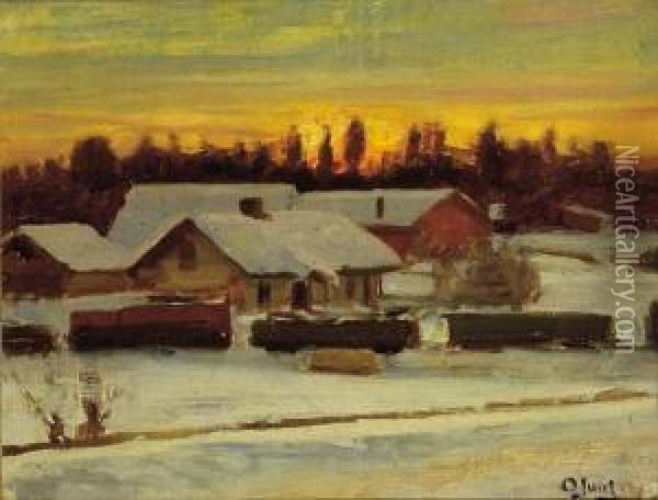 Gard I Vinterlandskap Oil Painting - Ole Juul