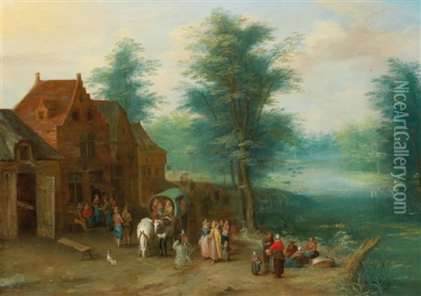 Travellers Resting By A River; And Travellers Resting By A Tavern Oil Painting - Joseph van Bredael