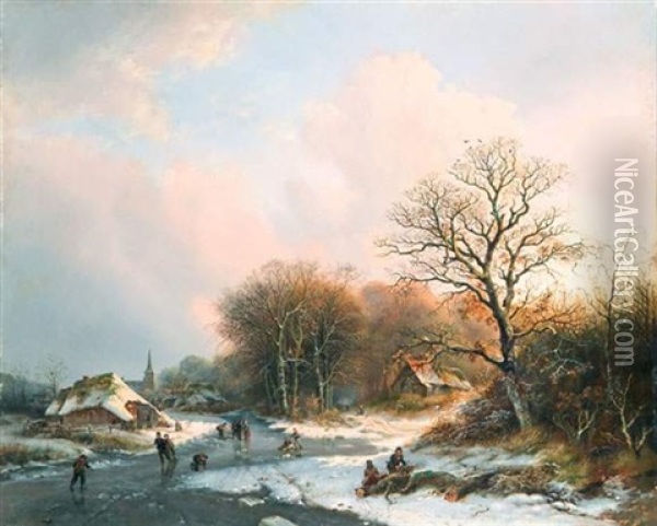 Paysage D'hiver Avec Des Patineurs Sur Une Riviere Gelee Pres D'un Sous-bois Oil Painting - Barend Cornelis Koekkoek