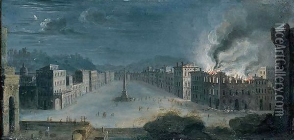 Rome, A View Of Piazza Navona At Night, With Figures Gathering Round A Burning Building Oil Painting - Orazio Grevenbroeck