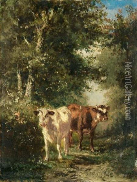 Zwei Kuhe Auf Einem Waldweg. Oil Painting - Francois Auguste Ortmans