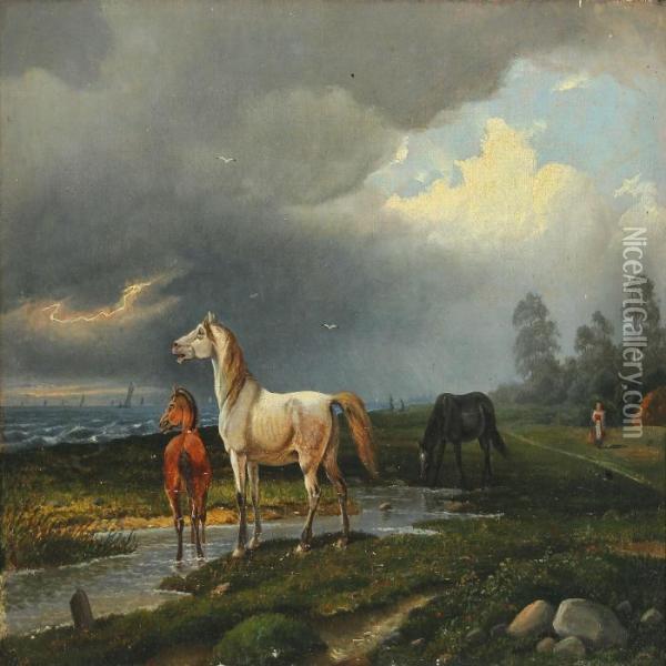 Landscape With Horses, A Storm Is Coming Oil Painting - Nordahl Peter Frederik Grove