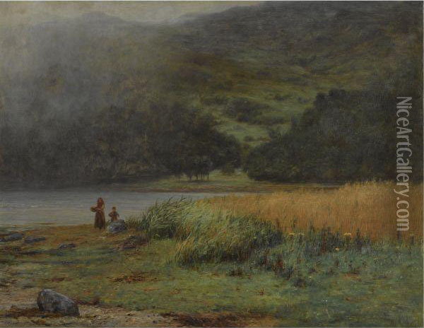 Mother And Child By A Loch Oil Painting - Joseph Henderson